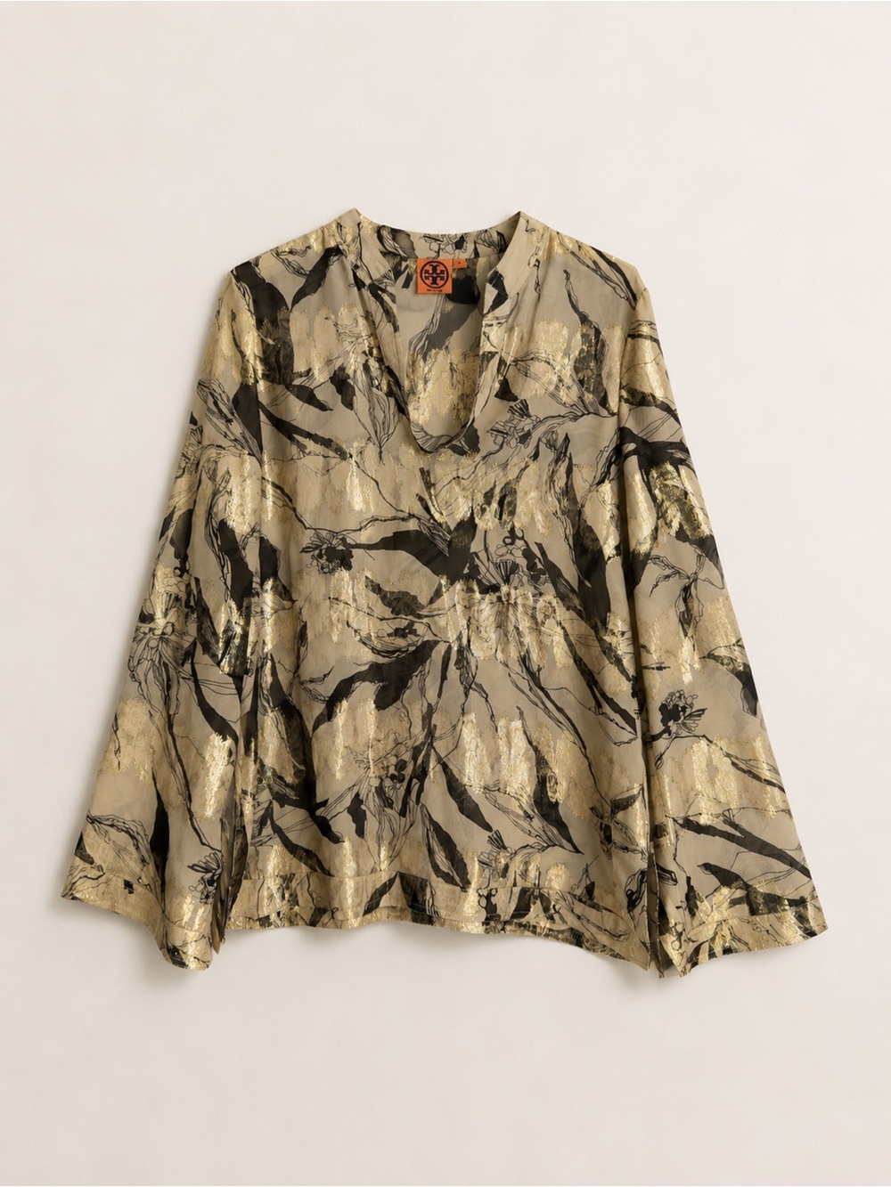 Tory Burch Gold Metallic Floral V-Neck Tunic with Black Accents